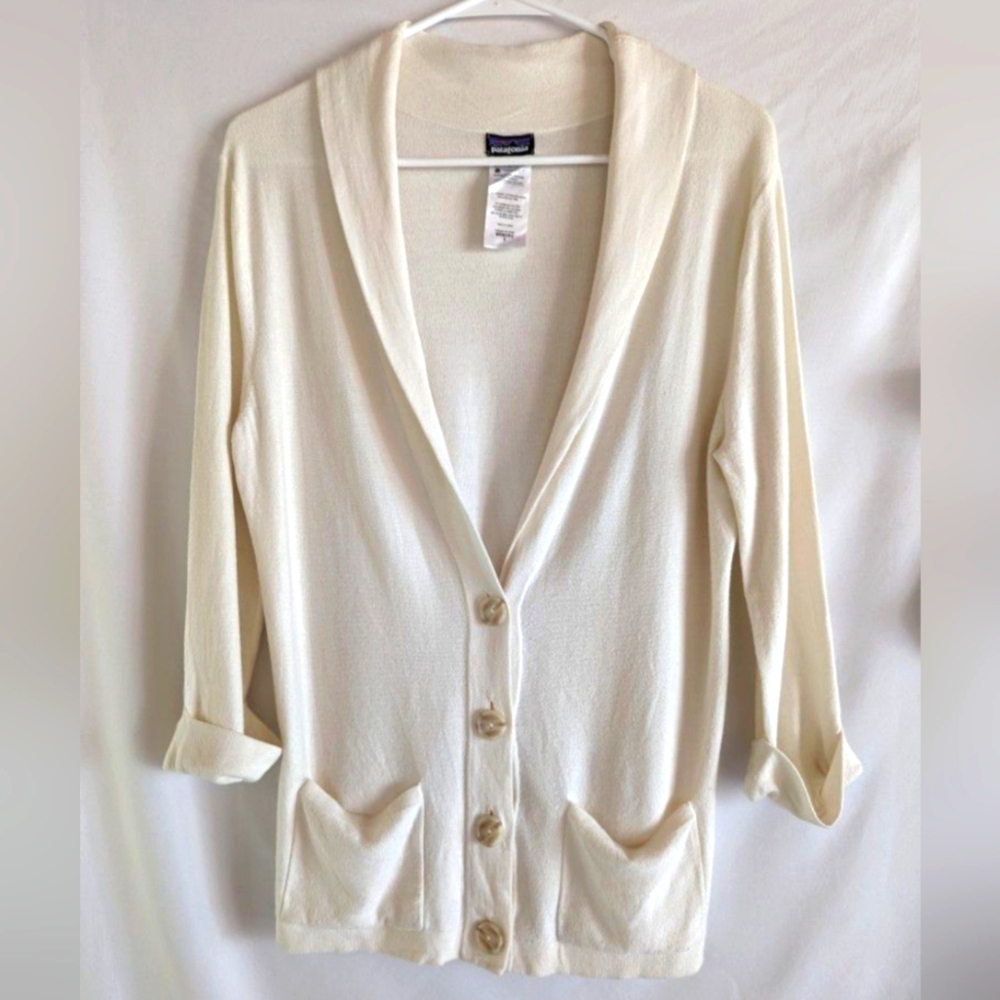 Patagonia Women's Small Cardigan Sweater Cream Casual V-Neck Organic Cotton
